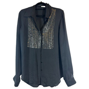 L’Agence Black Sequin Stone 100% Silk Blouse Long Sleeve Sz 2 Button Women A57